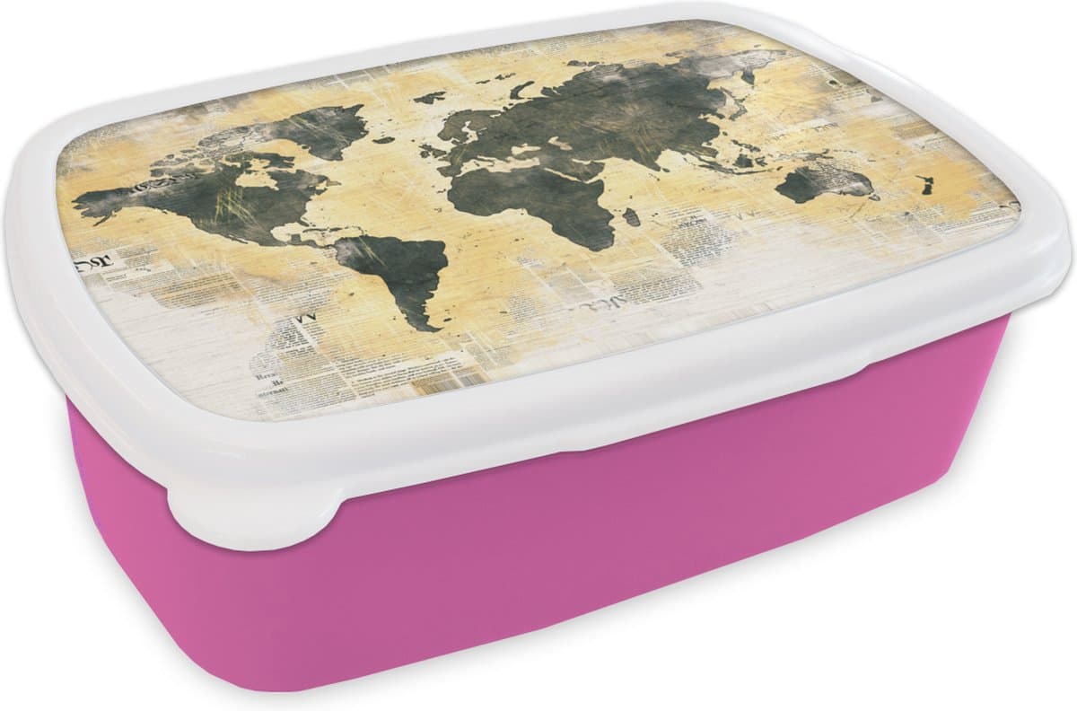 Broodtrommel Roze - Lunchbox - Brooddoos - Wereldkaart - Krant - Goud - 18x12x6 cm - Kinderen - Meisje
