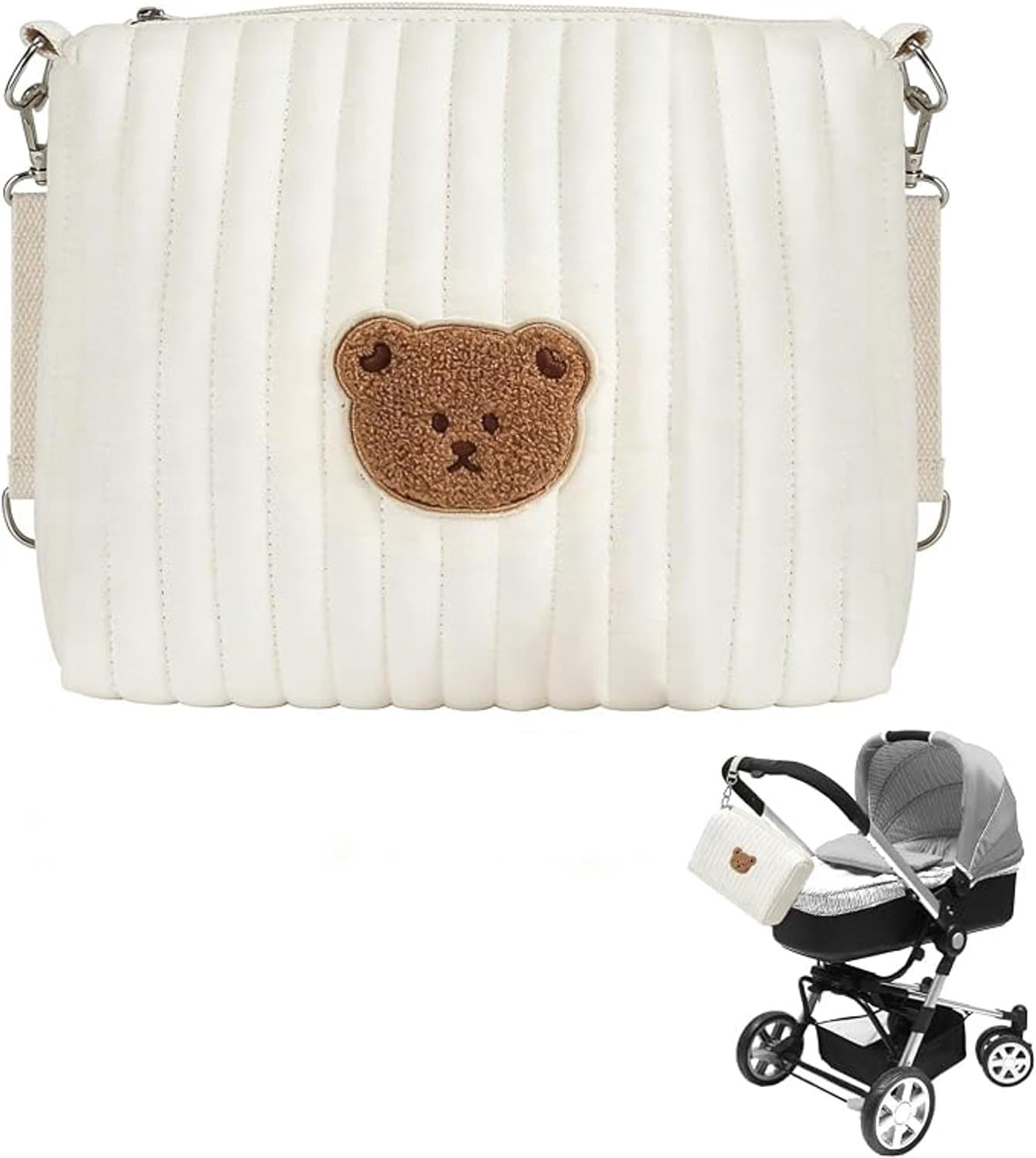 Luiertas - Kleine verzorgingstas - Organizer voor babyspullen - Met rits en schouderriem - Kinderwagenbevestiging - Voor luiers en doekjes - Berenborduurwerk - Voor korte uitstapjes - Crème - 25x17x10 cm