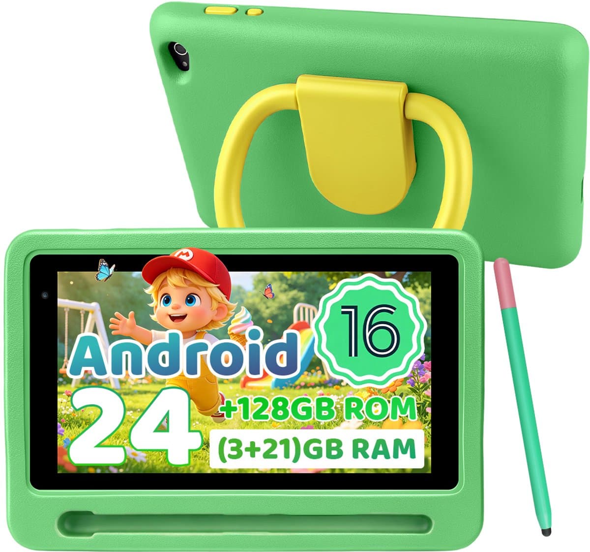 7 Inch Android 16 Kindertablet – 128GB ROM - WiFi 6 - 3000mAh - Oogbescherming- Ouderlijk Toezicht – Inclusief Styluspen - vanaf 3 jaar