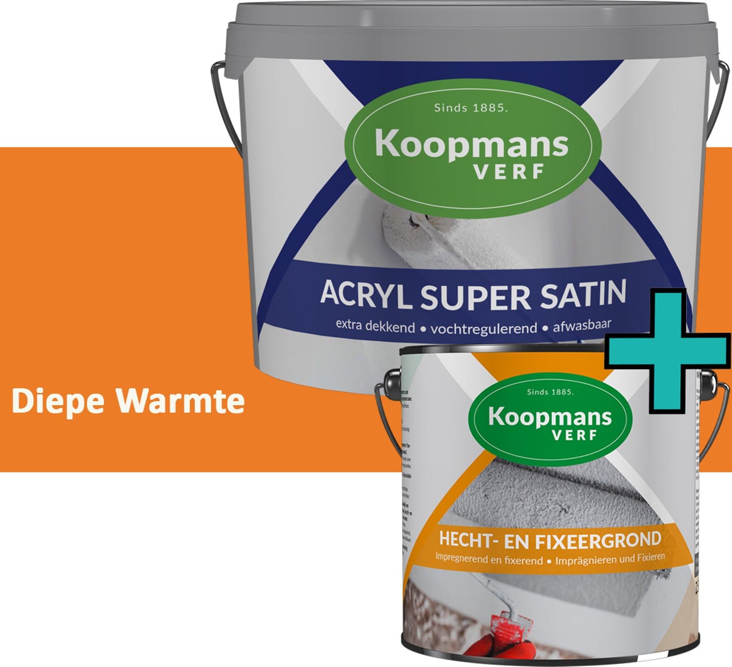 Koopmans Hecht- en Fixeergrond + Acryl Super Satin Muurverf Set - Primer + Zijdeglans Muurverf Binnen en Buiten - Afwasbaar en Dekkend - Diepe Warmte - 2x 2,5 l