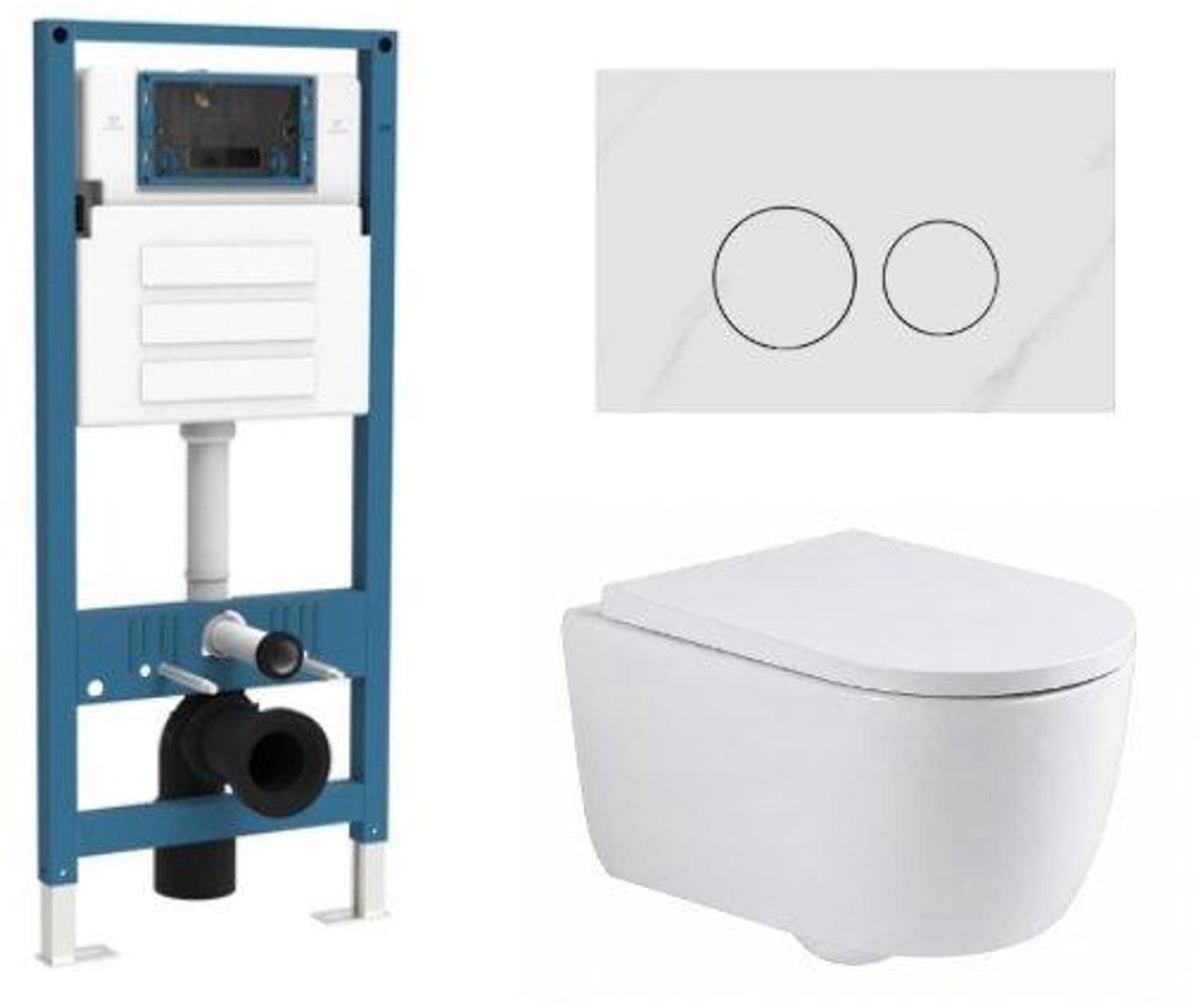 QeramiQ Dely Swirl Toiletset - inbouwreservoir Qeramiq Flush - 35mm zitting - natuursteen wit marmeren bedieningsplaat - ronde knoppen - glans wit