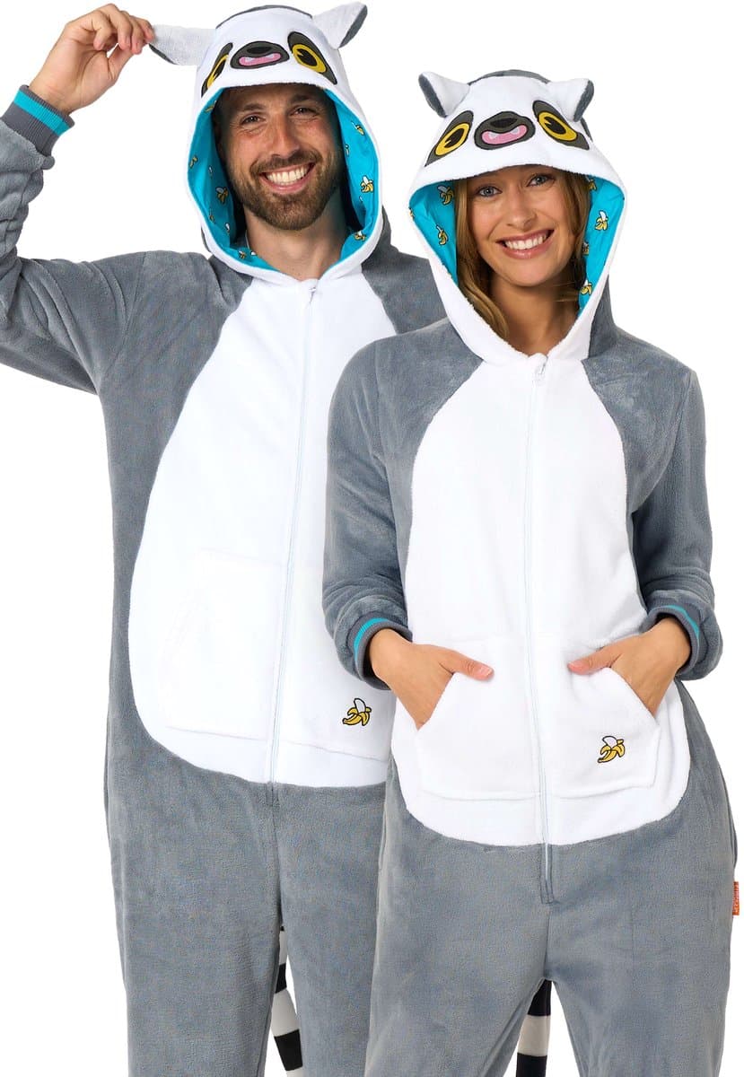 OppoSuits Apen Onesie - Unisex - Ringstaart Maki Fleece Jumpsuit - Carnavalskleding - Dieren Verkleedpak Voor Dames & Heren - Grijs - XL