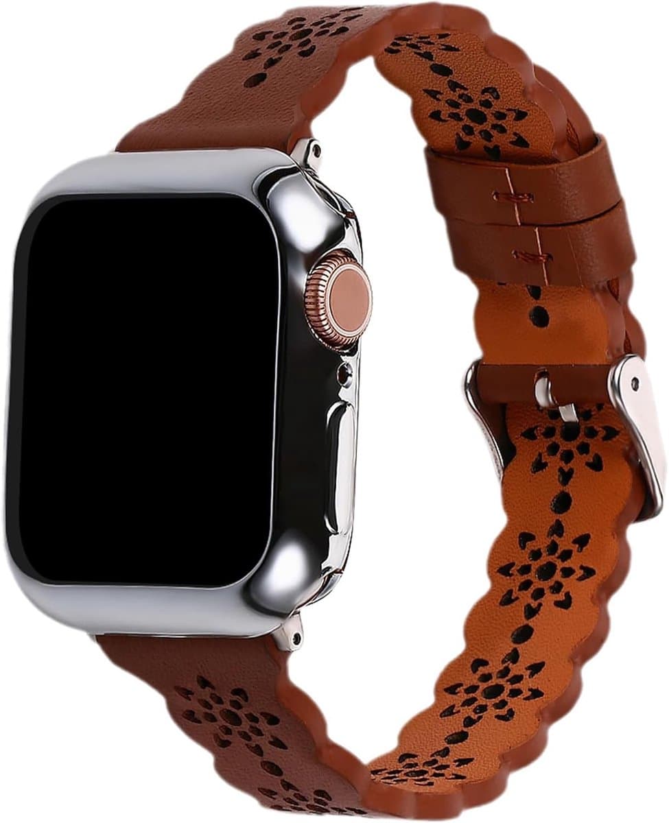 Leren Vervangband voor Apple Watch 38 mm/40 mm/41 mm met Uniek Hol Patroon, Geschikt voor Series 8/7/SE/6/5/4/3/2/1, Bruin, Duurzaam Cowhide Leer, Stijlvol en Comfortabel