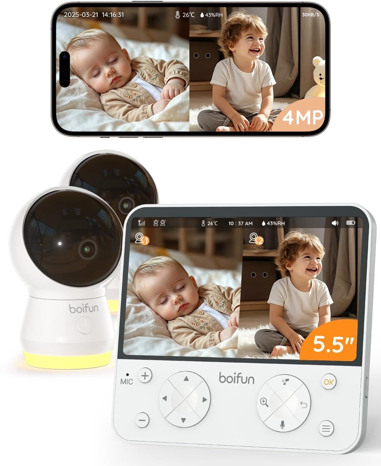 BOIFUN Babyfoon met 2 Camera's 4MP – 5,5 inch Split Screen Baby Monitor – Wifi Babyfoon met App – AI Detectie – Automatische Tracking – Nachtzicht – Tweeweg Audio