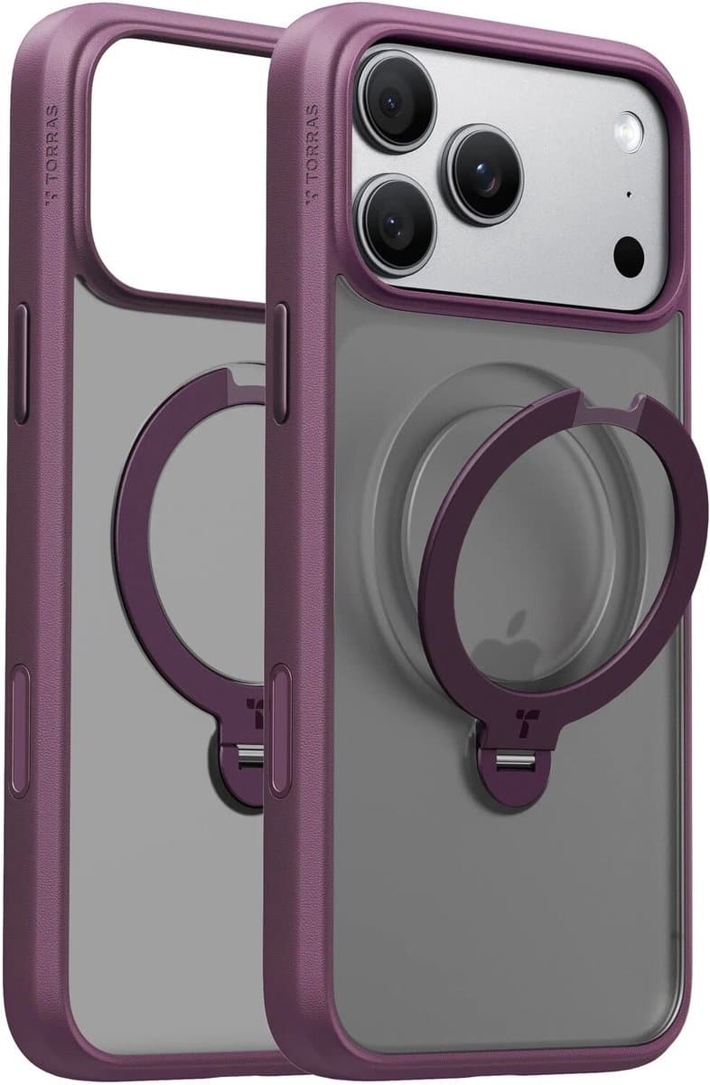TORRAS UPro Ostand Q3 Spin Hoesje Geschikt voor Apple iPhone 18 Pro - Compatibel met MagSafe / Qi2 - 360° Draaibare Magnetische Standaard - Back Cover Kickstand Ring - Paars