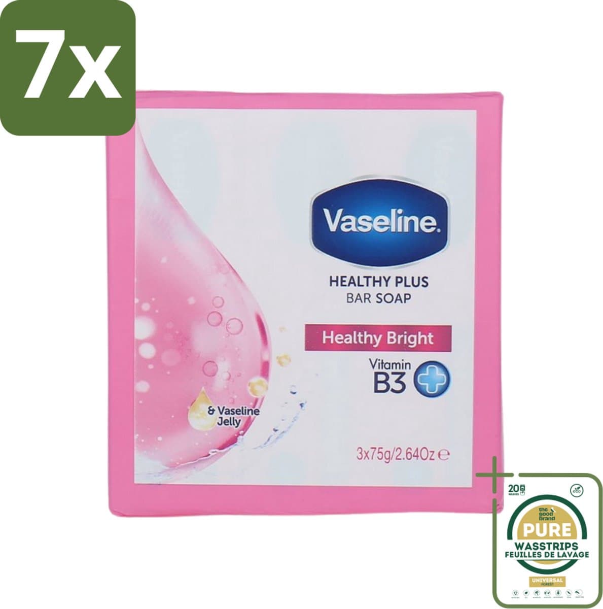 7 x Vaseline - Healthy Bright - Zeeptablet - Reinigend & Verzorgend - 3x75 ml - Grootverpakking - Zeep - Huidverzorging - Reiniging - Gezond Huid - Gezondheid