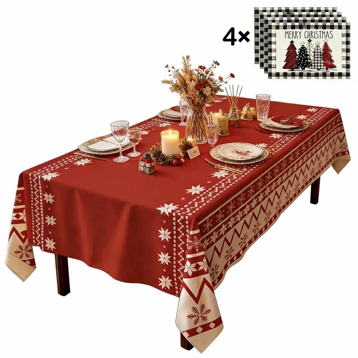 Meedeer Kerst tafelkleed-140x220cm+Kerst placemats set(4 Pcs)-Kerstdecoratie tafelkleed--Kersttafelkleed voor rechthoekige tafel-voor feestdagen, kerstfeest benodigdheden (Sneeuwvlokpatroon)