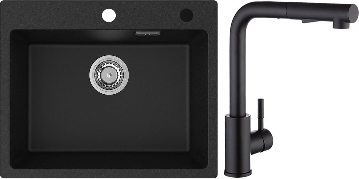 CECIPA Max Granieten Spoelbak 55*45cm - Spoelbak Keuken Met Keukenkraan - Spoelbakken Keuken Zwart - Wasbak Keuken Met Waterafvoersysteem