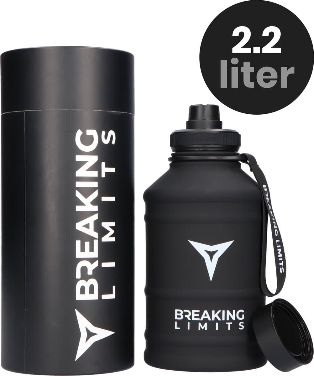 Breaking Limits Stalen Waterfles 2 Liter – Drinkfles 2 Liter – Gemaakt van Roestvrij Staal – Bidon – Zwart
