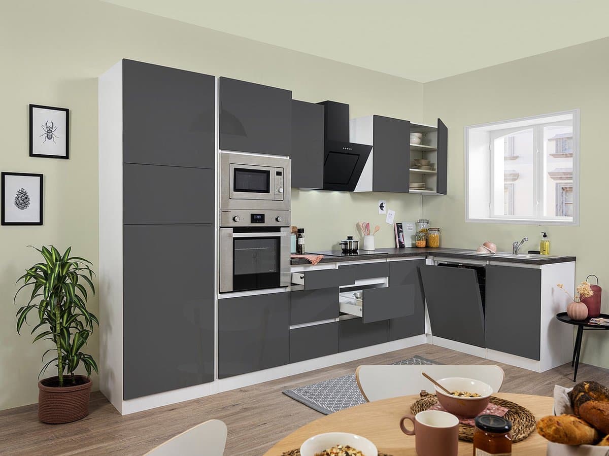 Hoekkeuken 345 cm - complete keuken met apparatuur Lorena - Wit/Grijs - soft close - keramische kookplaat - vaatwasser - afzuigkap - oven - magnetron - spoelbak