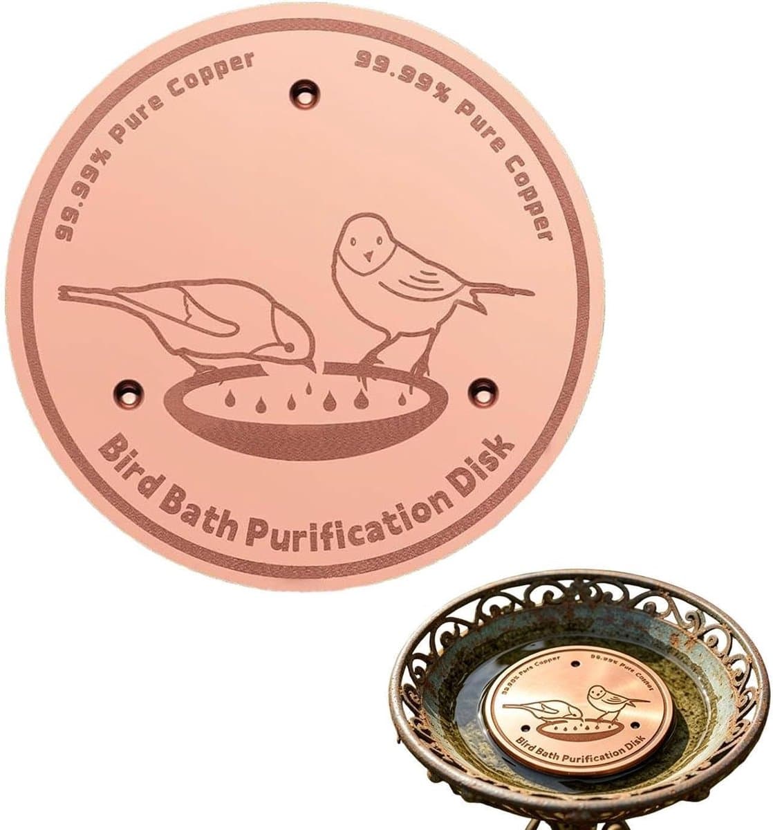 Vogelbad Schijf - Waterzuivering Koper - Vogelbad Onderhoud - Drievoudige Punthouder - 10x10 cm - Koperkleur