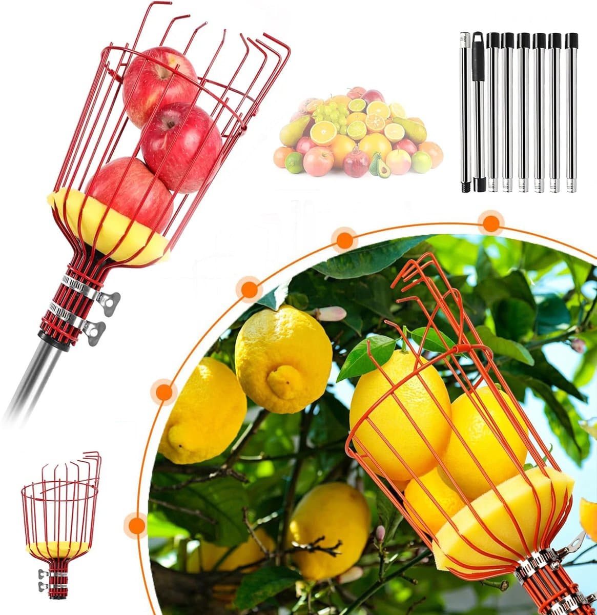 Fruitplukker, Fruitgrijper Met Verstelbare Handgreep, Tuinprikkers Met Schuimrubberen Pad, Fruitplukgereedschap.