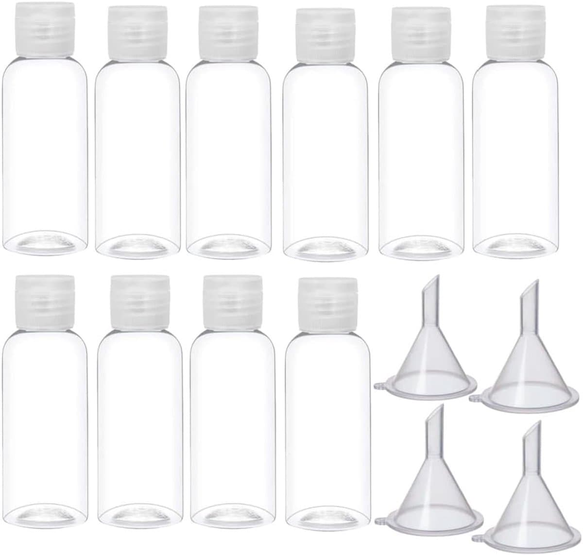 Thijox - Reisflessen 100 ml - 10 Transparante Vloeibare Flessen voor Vliegreizen - Inclusief 4 Trechters - Cosmetische Containers voor Shampoo, Condit