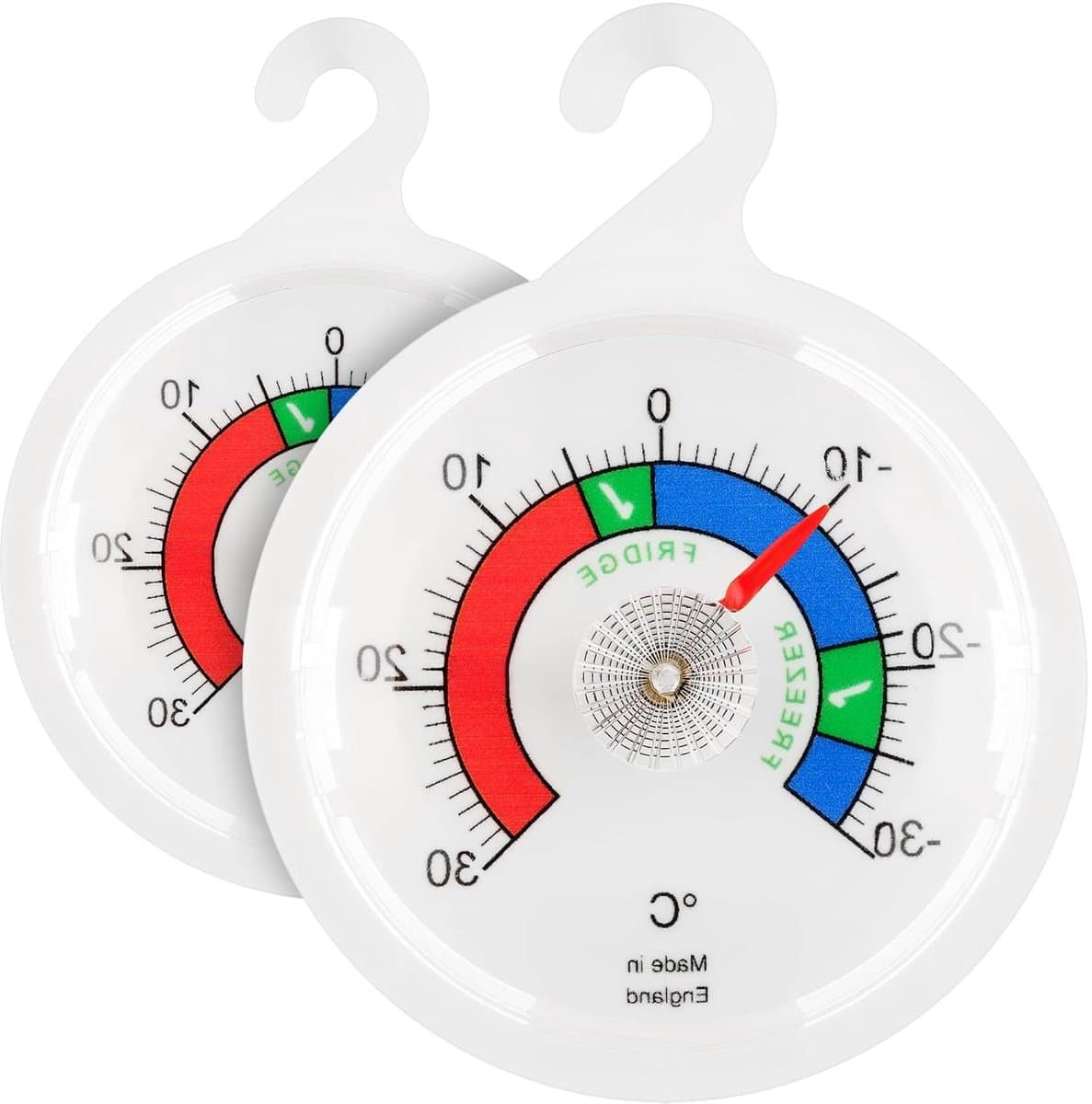 Koelkastthermometer Duo-set - Vriezer thermometer - Voedsel opslag - Gekleurde temperatuurzones - 65 mm - Wit
