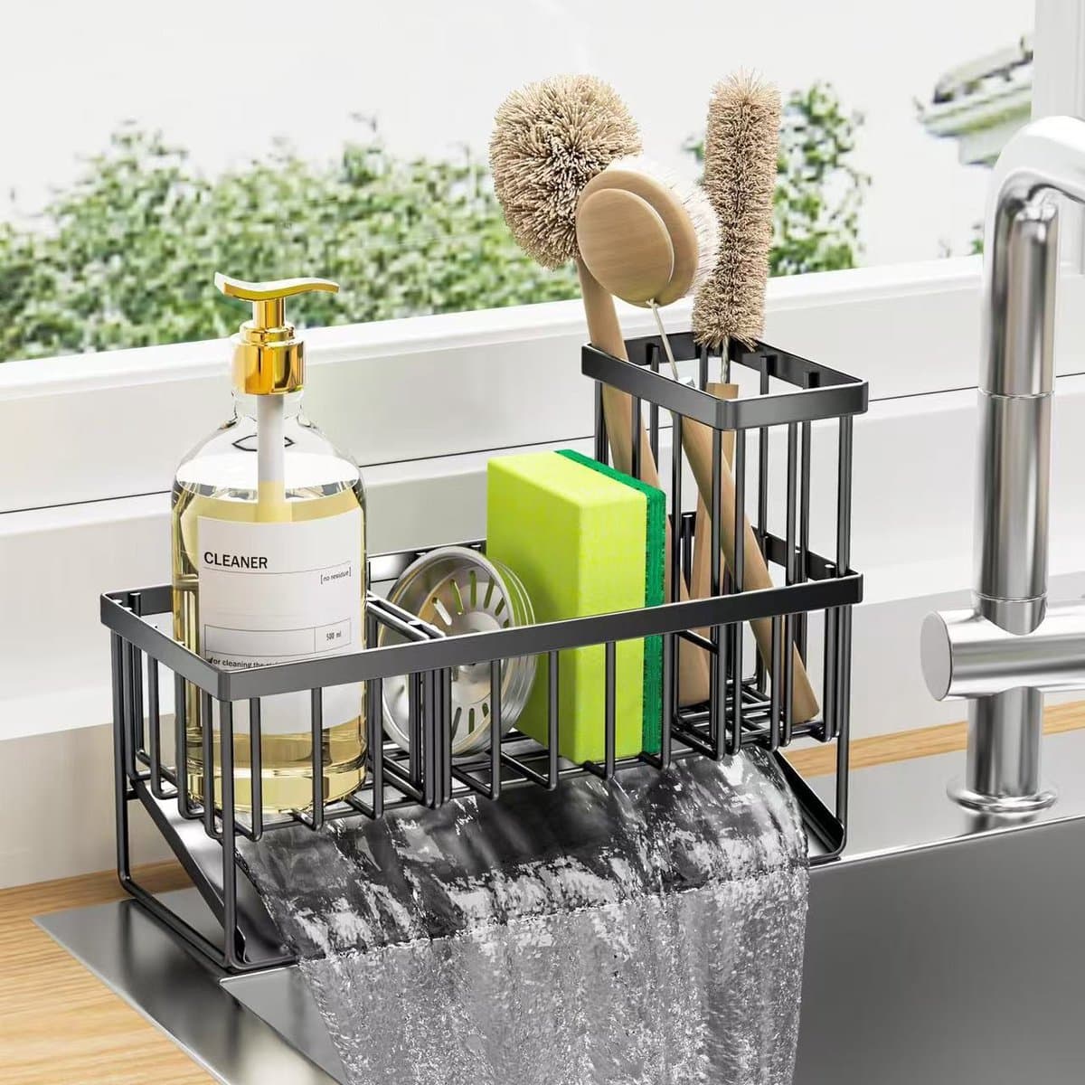 OUYLAF Gootsteen organizer -23.2x9.3x15.8cm - Aanrecht organiser staal - sponshouder - keuken organiser - Zwart