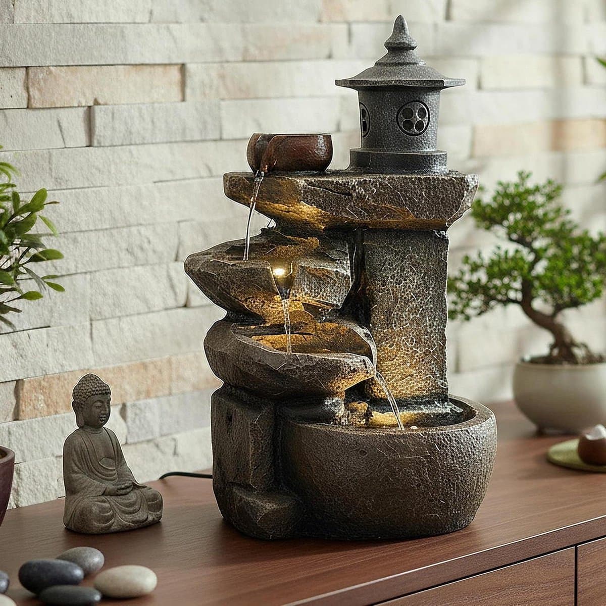Waterval Fontein - Decoratieve Waterval - Creëer Sfeer - Inclusief Verlichting - 50 cm Hoog - Bruin/Grijs