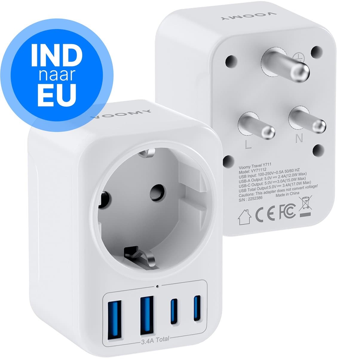 Voomy Reisstekker Type D - 2x Usb-C & 2x Usb-A - Wereldstekker geschikt voor India, Sri Lanka, Pakistan, Nepal - Wit