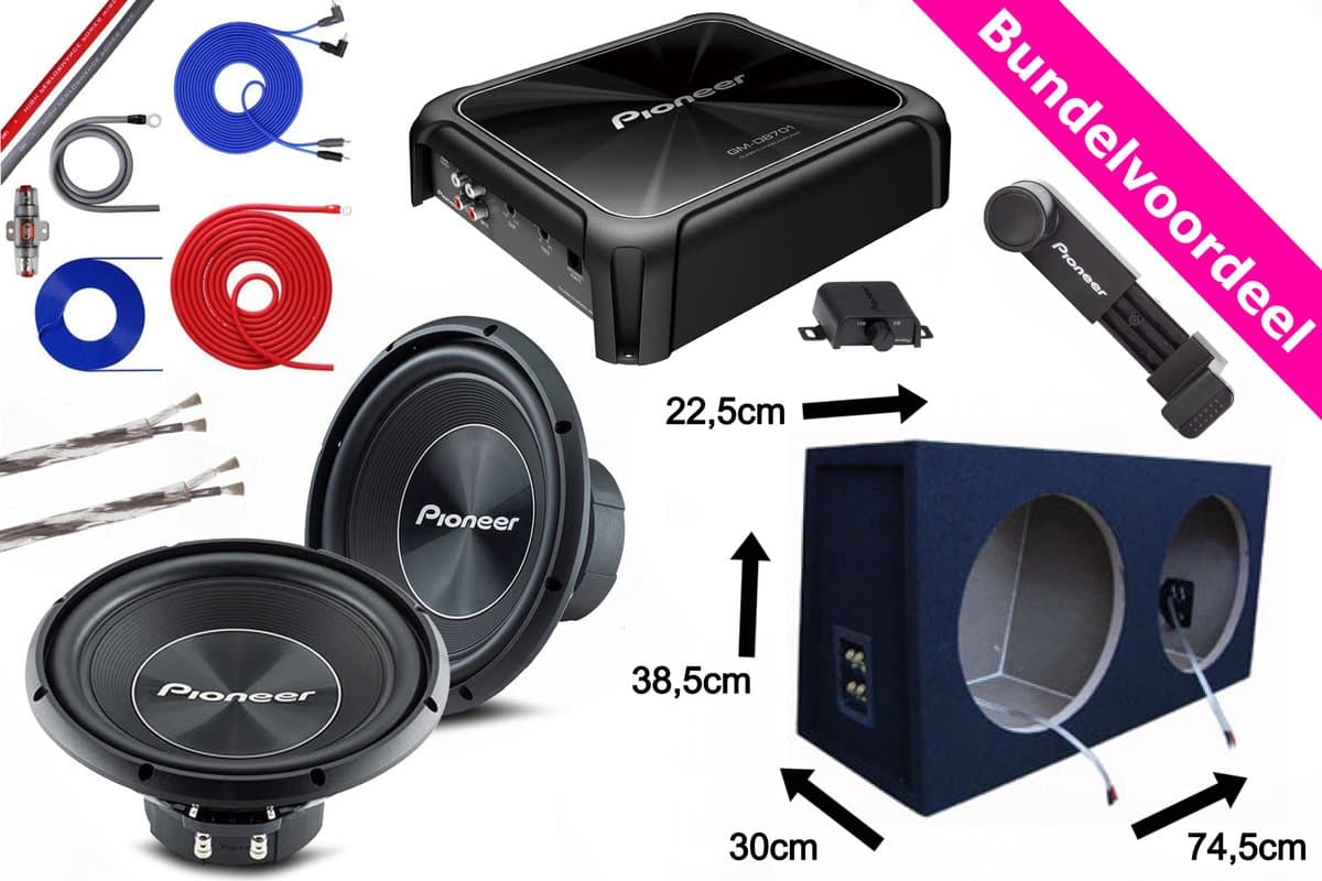 3000W Pioneer Dubbele Subwoofer Kist + Monoblock Versterker + 20mm2 Kabelset