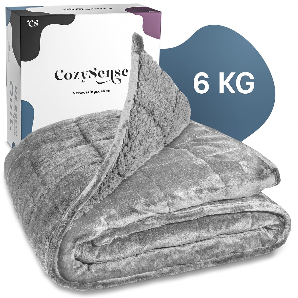 CozySense® Dubbelzijdig Verzwaringsdeken 6kg - 135x200cm - Zwaartedeken met Fluweel & Sherpa Kant - Weighted Blanket met GLASS-Flow® Drukverdeling - Verzwaarde Deken - Grijs