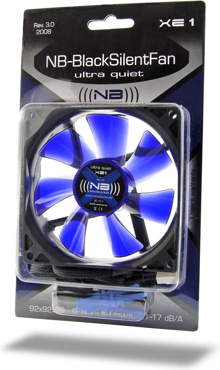 NoiseBlocker BlackSilent XE1 PC-ventilator Zwart, Blauw (transparant) (b x h x d) 92 x 92 x 25 mm
