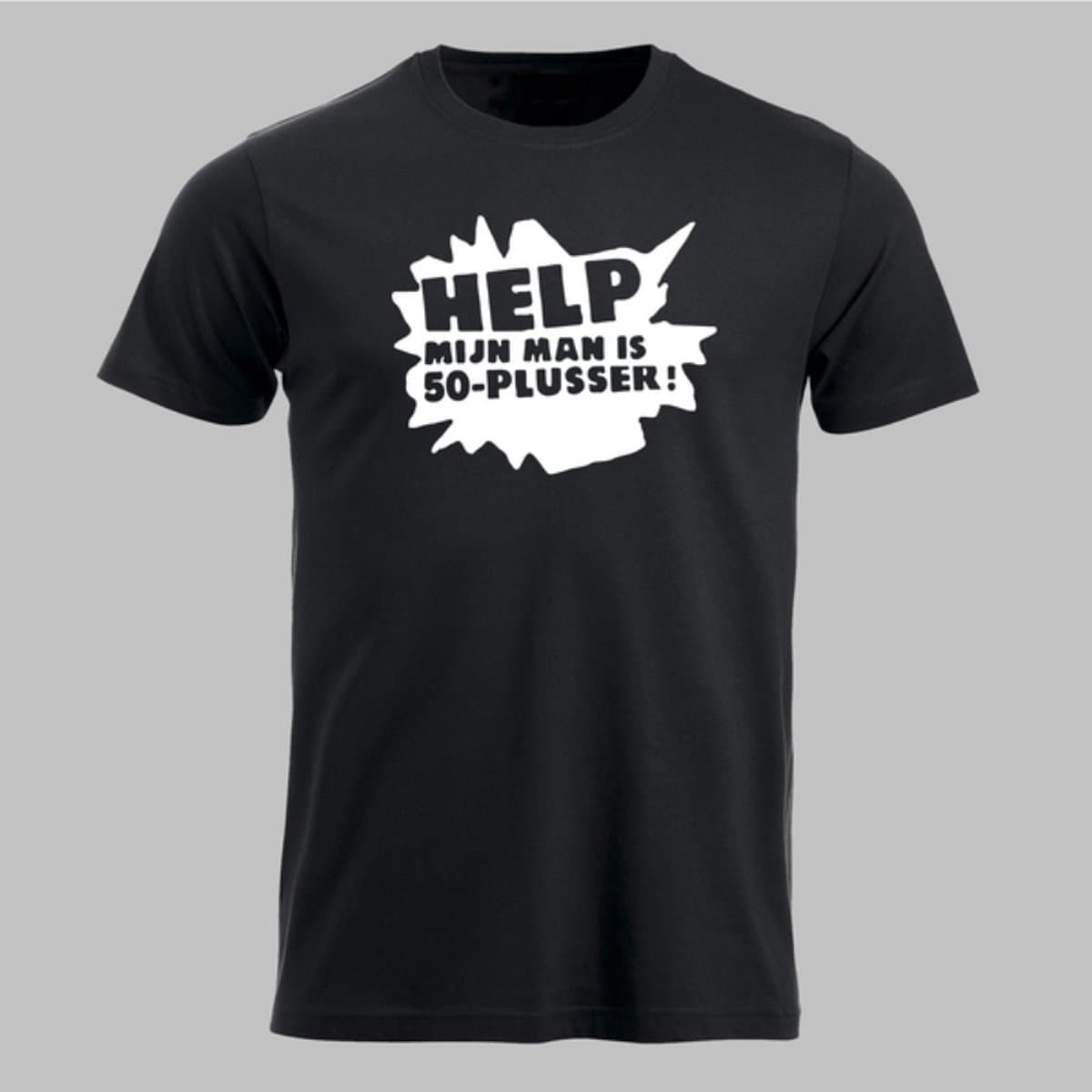 Help! Mijn man is 50-plusser - Tshirt Zwart - maat XS - 50 jaar - Abraham - feest