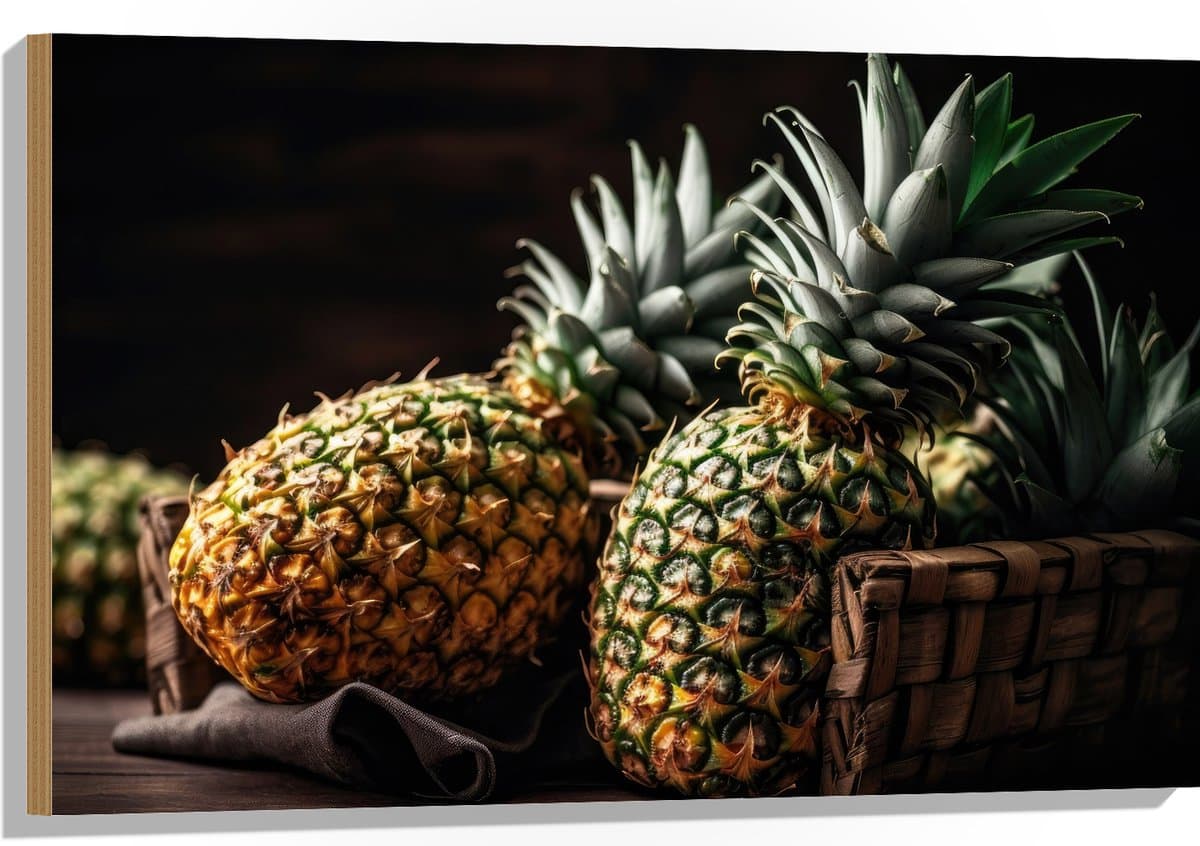 Hout - Eten - Fruit - Ananas - 90x60 cm - 9 mm dik - Foto op Hout (Met Ophangsysteem)