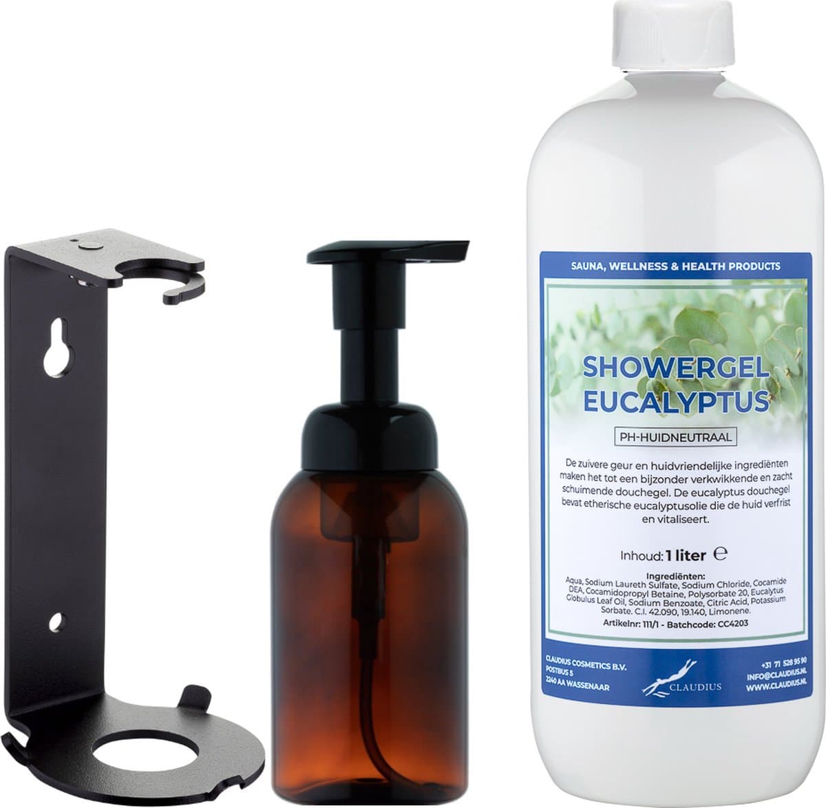 Zeepdispenser 300 ml amber bruin hervulbaar + 1 liter Showergel Eucalyptus navulling (inclusief beugel)