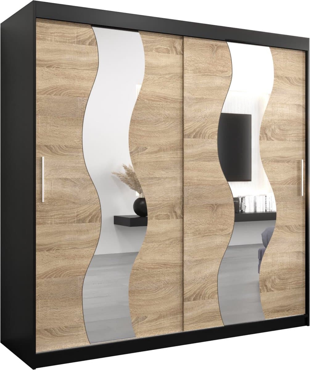 InspireMe - Kledingkast met 2 schuifdeuren, Modern-stijl, Een kledingkast met planken en een spiegel (BxHxD): 200x200x62 - REESE 200 Zwart Mat + Sonoma Eik met 4 lades