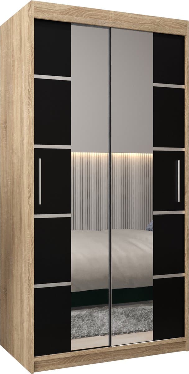InspireMe - Kledingkast met 2 schuifdeuren, Modern-stijl, Kledingkast met planken (BxHxD): 100x200x62 - VENTILA IV 100 Sonoma Eik + Zwart Mat met 2 lades