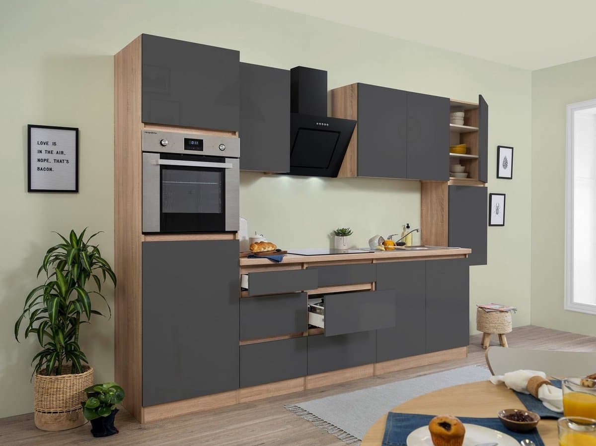 Goedkope keuken 320 cm - complete keuken met apparatuur Lorena - Eiken/Grijs - soft close - keramische kookplaat - afzuigkap - oven - spoelbak