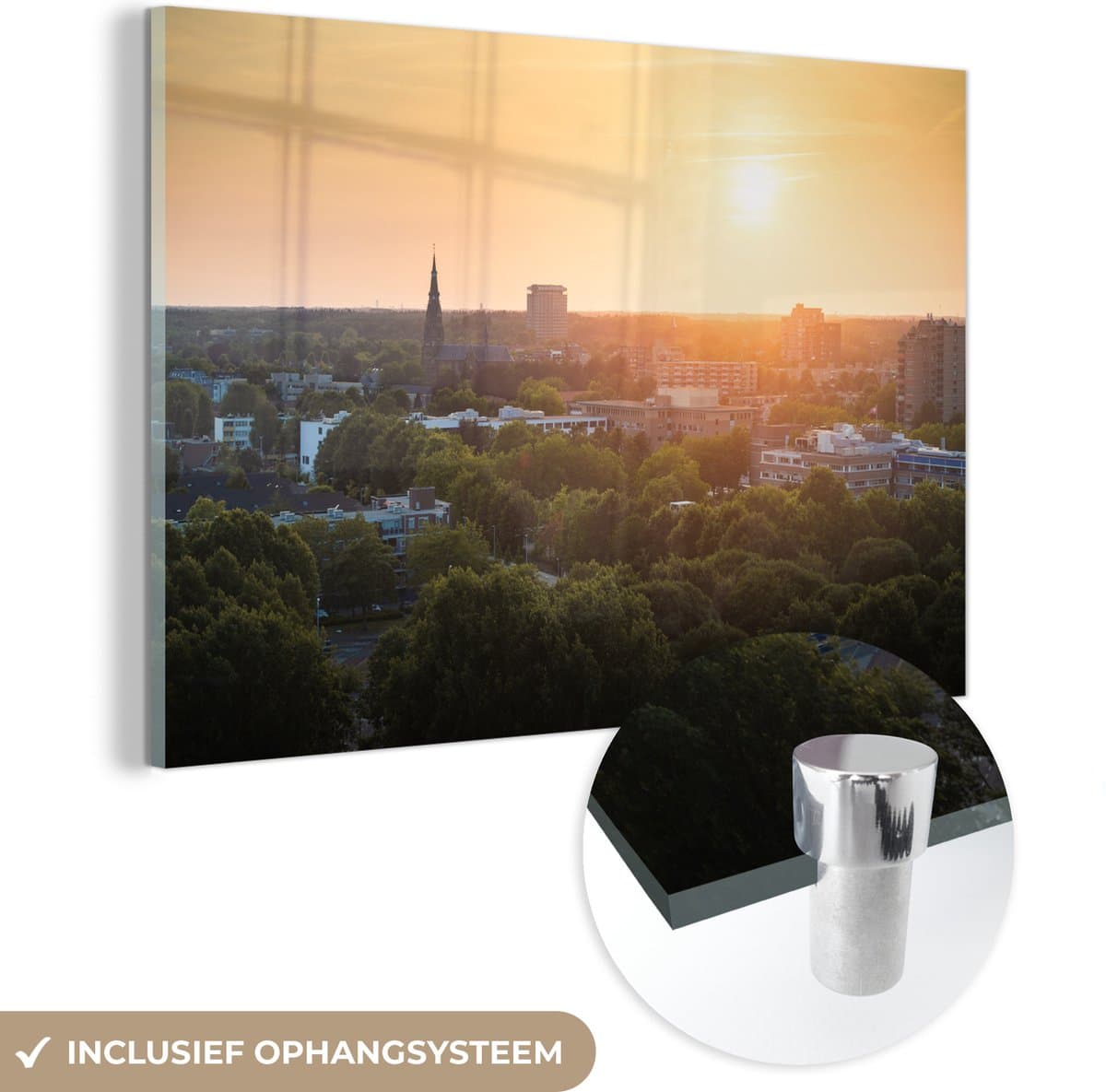 ® Glasschilderij 120x80 cm - Schilderij acrylglas - Stad - Eindhoven - Zonsondergang - Foto op glas - Muurdecoratie woonkamer - Wanddecoratie slaapkamer - Schilderijen