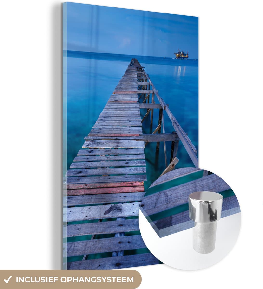 ® Glasschilderij 120x180 cm - Schilderij acrylglas - Steiger over de zee met uitzicht op het eiland Sipadan in Maleisië - Foto op glas - Muurdecoratie woonkamer - Wanddecoratie slaapkamer - Schilderijen