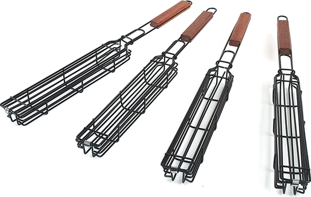 Grillrooster - BBQ - Set van 4 - Grillmandje - Barbecue accessoires - Groenterooster - BBQ klem - Vismandje - Vleesmandje - Spiesmand - Keukengerei - RVS - Hout - 5 x 49 x 3,5 cm