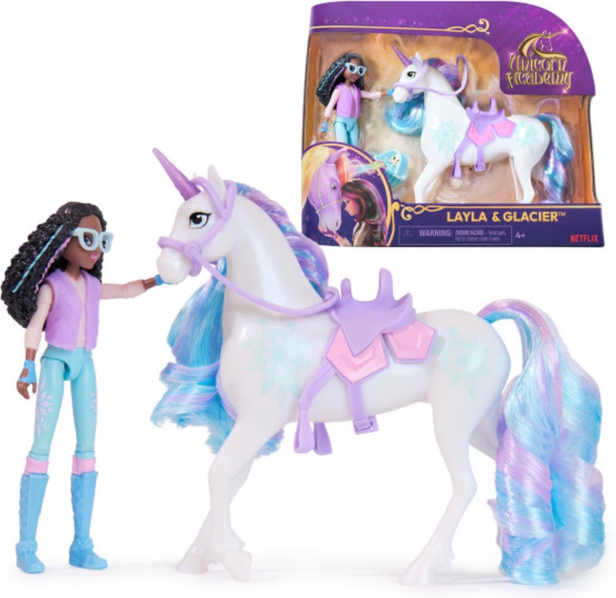 Unicorn Academy – Pop Layla & Eenhoorn Glacier - met 2 rijaccessoires en borstel - Speelfigurenset