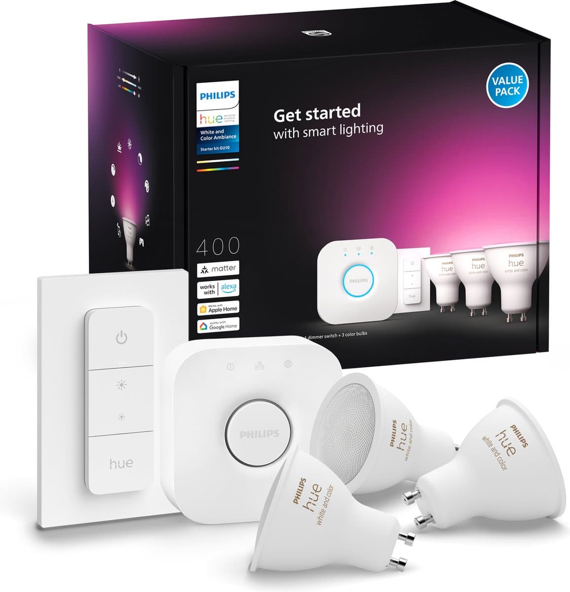 Philips Hue White and Color GU10 Starter Pack - 3 lampen + Bridge + Dimmer