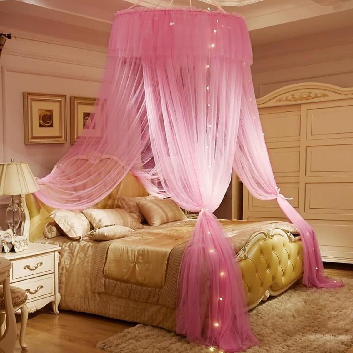 Klamboe Luifel - Bed Hemel - Insecten Buiten - Met Lichtslingers - 2.8 Meter Hoog - Roze