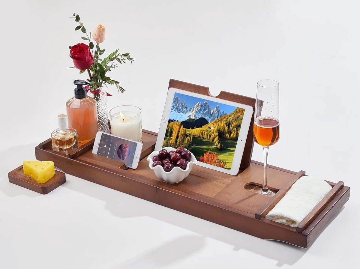 Bad Caddy Tray - Badplank Uitschuifbaar - Ontspannen Baden - Met Houthouder - Tot 110 cm - Bruin