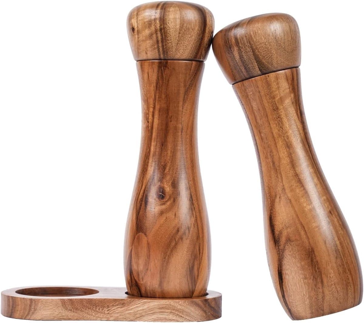 Set van 2 Peper- en Zoutmolens met Mill Bin, Keramische Molens in Acaciahout, 20,5 cm Hoog, 6 cm Diameter, Perfect voor Keuken en Tafeldecoratie