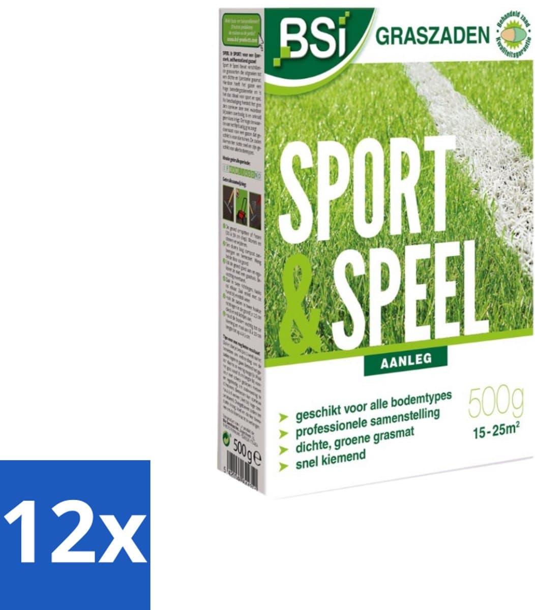 BSI – Graszaad – Sport & Speel – Sterk & Slijtvast Gazon – 500 g - Voordeelverpakking - 12 stuks