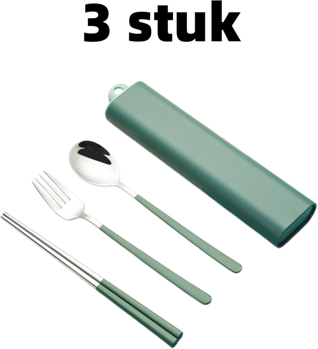 3-delige set - Lepel, vork en eetstokjes - Draagbaar bestek - Roestvrij staal - Bestek - Lade-etui - Geschikt voor reizen en kamperen - Groen
