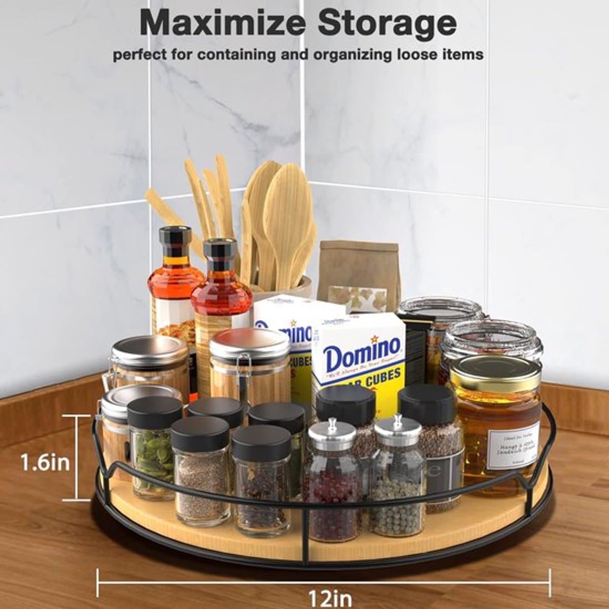 Candala Draaiplateau, organizer met antislipmat voor kast, eetkamer, keuken, werkblad, koelkast, kantoor, grenenhout, 30,5 cm, burlywood (lichtbruin)