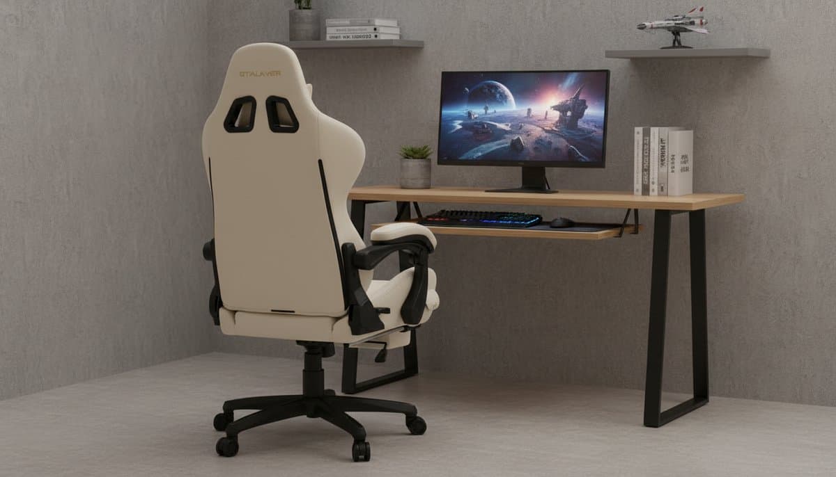 Gamingstoel Casa Velluto AudioLux – Ergonomische Leren Gamestoel met Voetsteun, Bluetooth Speakers, Verstelbare Hoofd- en Lendesteun, Kantelbare Rugleuning, Draaibare Basis – Ivoor/Wit Luxe Bureaustoel voor Gamers en Thuiswerk
