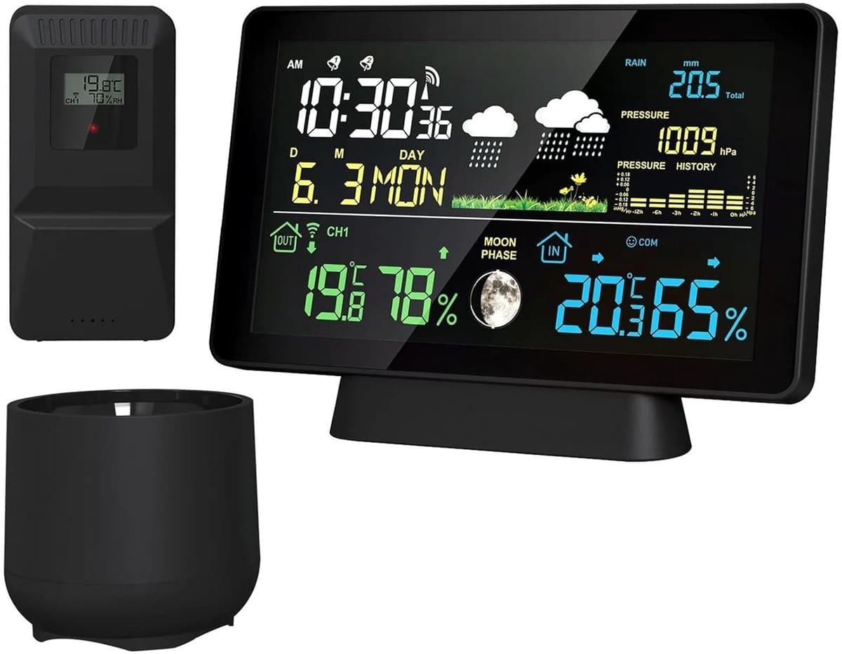 Weerstation Binnen Buiten - Weer Voorspeller - Weer Monitoren - Draadloze Signaal Ontvangst - 198 x 136 mm - Zwart