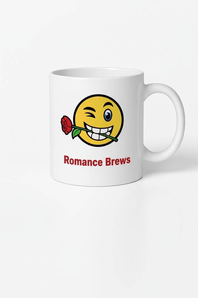 Romantische Mok "Romance Brews" met Winkende Emoji & Roos - Uniek Cadeau Koffiebeker