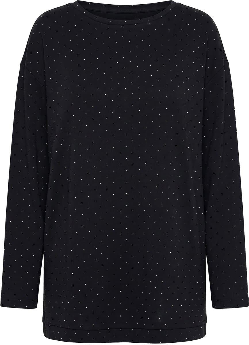 MIAMODA - Dames - Sweatshirt Boxy Fit scuba-sweatstof glittersteentjes - Zwart - Maat 44