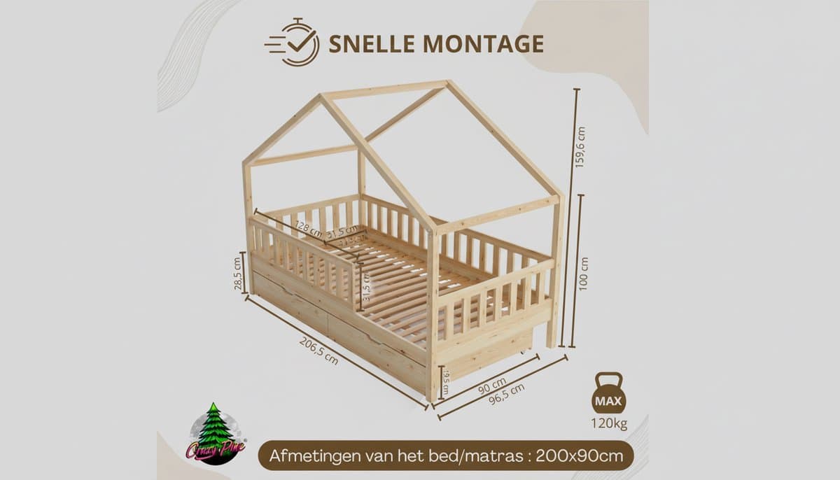 Cabin Bed 200x90 cm met Lades – Casa Velluto Montessori Hutbed Kinderbed – Natuurlijk Houten Peuterbed met Veiligheidshek, Opberglades en Lattenbodem – Scandinavisch Vloerbed voor Jongens en Meisjes