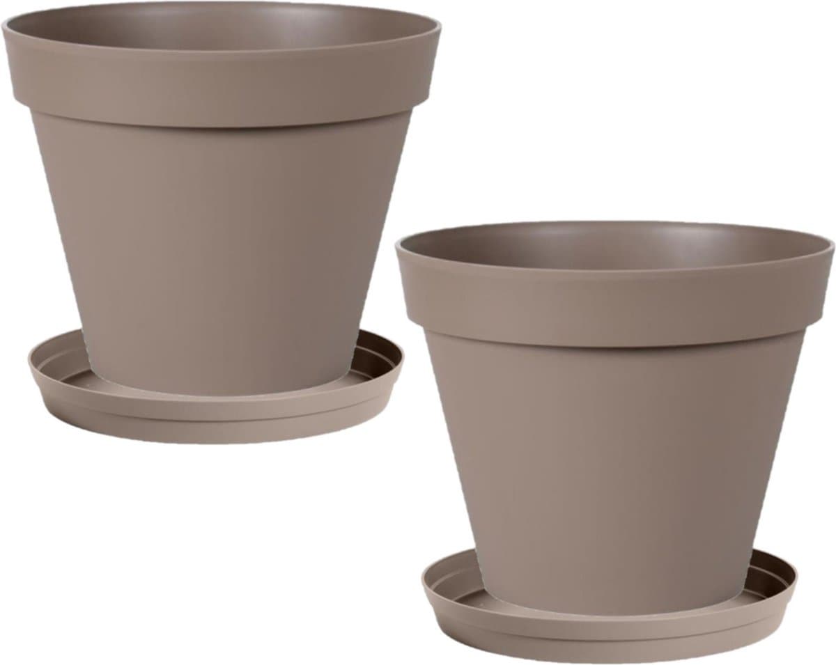 Set van 3x stuks bloempotten Toscane kunststof taupe D40 x H32 cm inclusief onderschalen D35 - Plantenpotten set