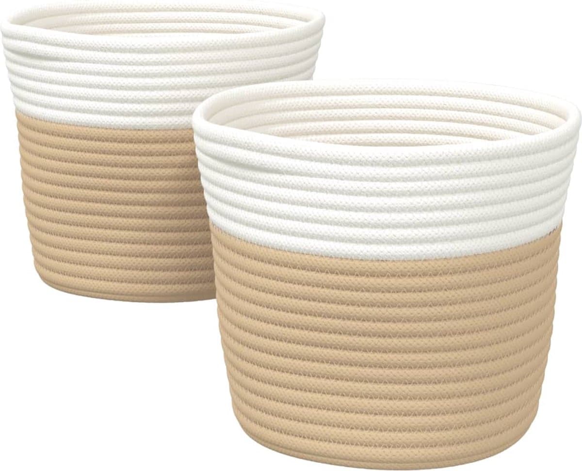 vidaXL - Opbergmanden - 2 - st - Ø - 24x18 - cm - katoen - beige - en - wit