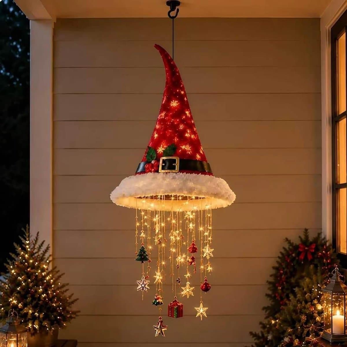 Hangende Kerst decoratie - Verlichte hanglamp kerstmuts - Kerst decoraties - Kerst-cadeaus - Oplichtende Kerstmuts - Kerstmutsdecoratie - Kwastjes met sterrenmotief - Hangende ornament in de vorm van Kerstmuts - voor veranda en terrassen - TENGYIF®