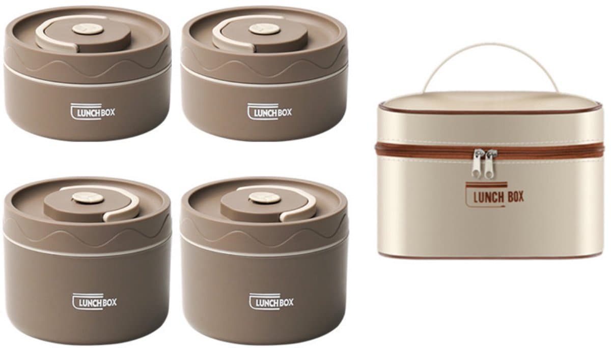 Gigicial Bentobox - Bento Lunchbox Voor Volwassenen - Roestvrij Staal En Geïsoleerde Lunchtas - 4 Stuks - Algemeen Gebruik Bruin